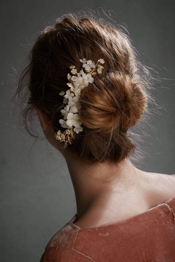 Back of head photo of the Alabaster Garden Comb wedding bridal hair comb accessory by Erin Rhyne